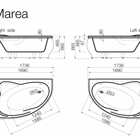 Vanna MAREA 174x118cm kreisā ar paneli+sifons