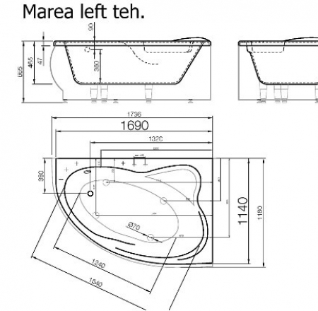 VISPOOL stūra vannas MAREA 1736*1180 (balta) ar sifonu