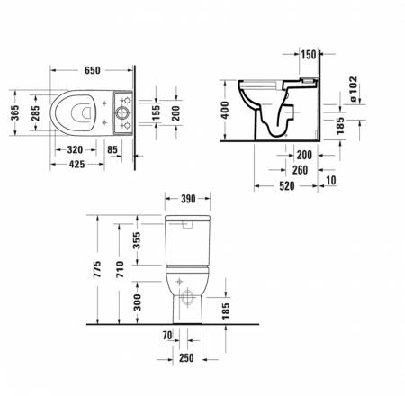 Pods DURAVIT ar SC vāku un skalojamo kasti No.1 Rimless, universāls izvads, pievads no apakšas, balts