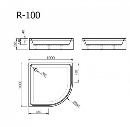 Paliktnis R-100*100 pusap.balts ar paneli+sifons