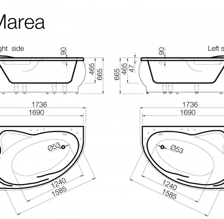 Vanna MAREA 174x118cm kreisā ar paneli+sifons