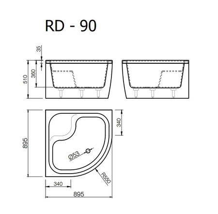 Akmens masas paliktnis RD-90*90x51cm pusap.balts ar paneli BEZ sifona