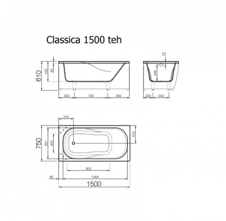 VISPOOL vanna CLASSICA 150x75cm ar paneli un sifonu