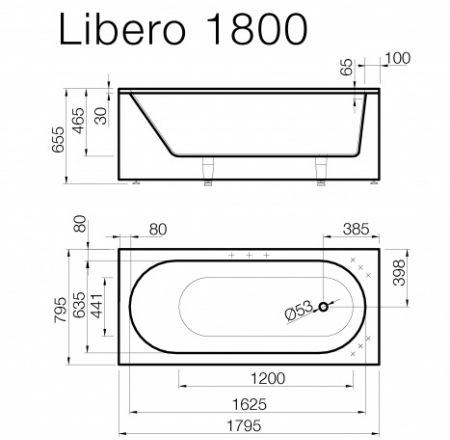 Vanna LIBERO 180*80 balta ar U veidapaneli + sifons