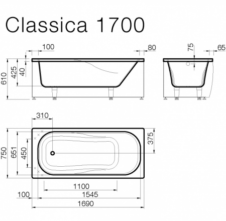 Vanna CLASSICA 170x75cm ar U/L veida paneliun sifonu