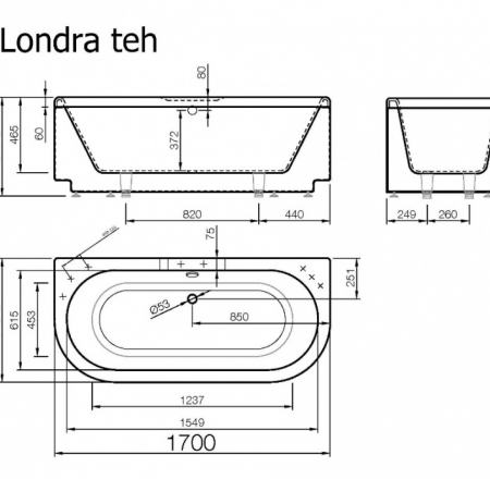 VISPOOL taisnstūra vannas LONDRA 1700*765 (balta)