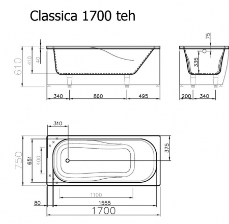 Vanna CLASSICA 170x75cm ar U veida panelis un dv.turētāju + sifons EKSPOZĪCIJAS IZPĀRDOŠANA